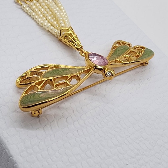 Avon Dragon Fly Gold & Faux Pearl Brooch Pendant - Picture 8 of 17
